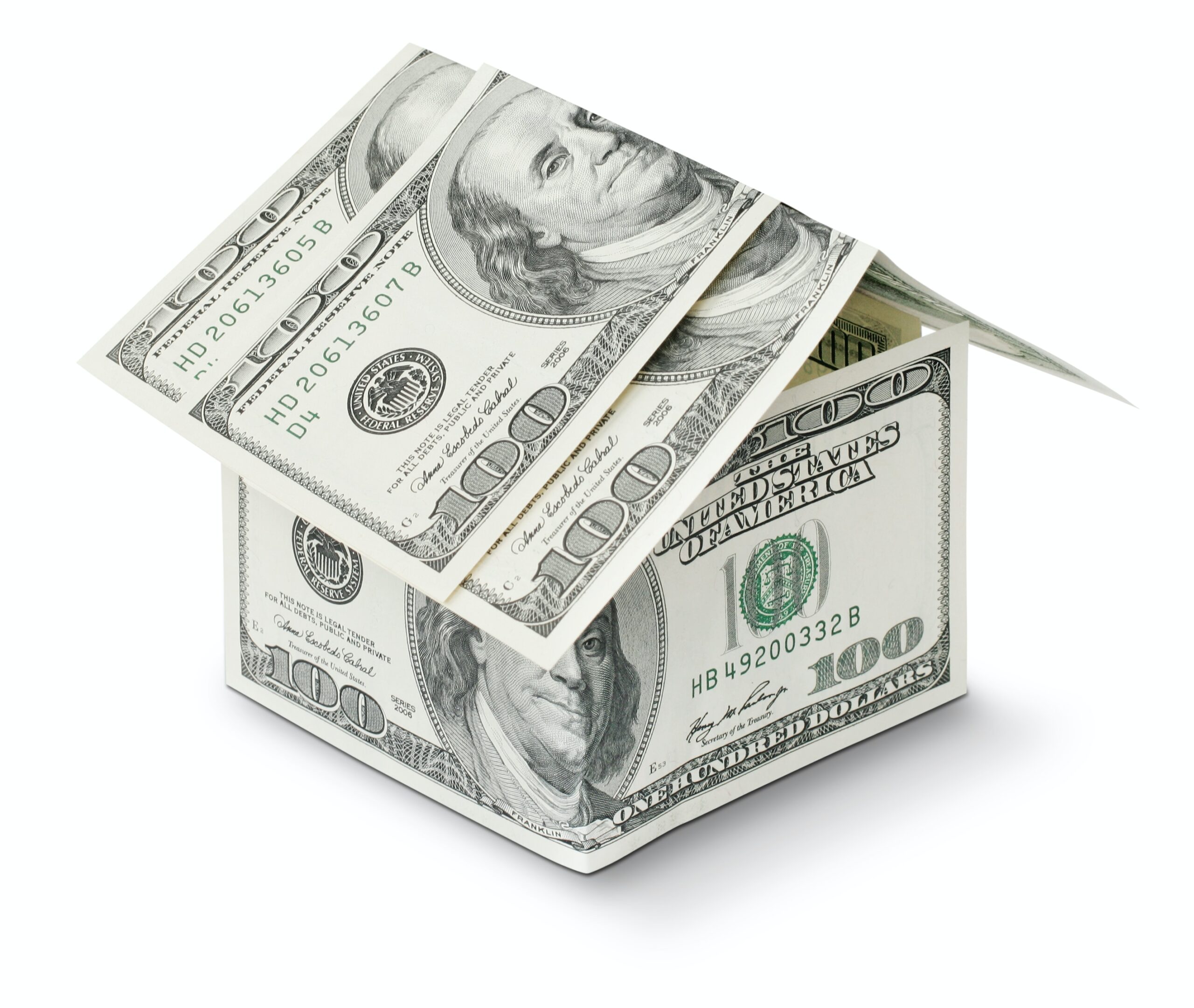 Symbolic $100 House: Conceptual Structure Representing Affordability, Isolated on White Background