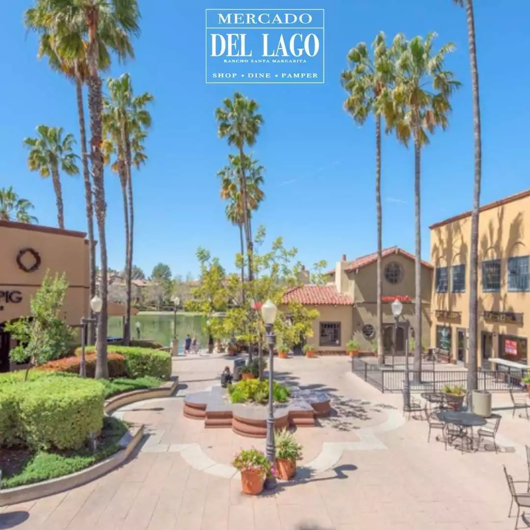 Aerial View of Mercado Del Lago Shopping Plaza with Seating Area, Shops, Palm Trees and Greenery, and People Walking by Lake in Distance