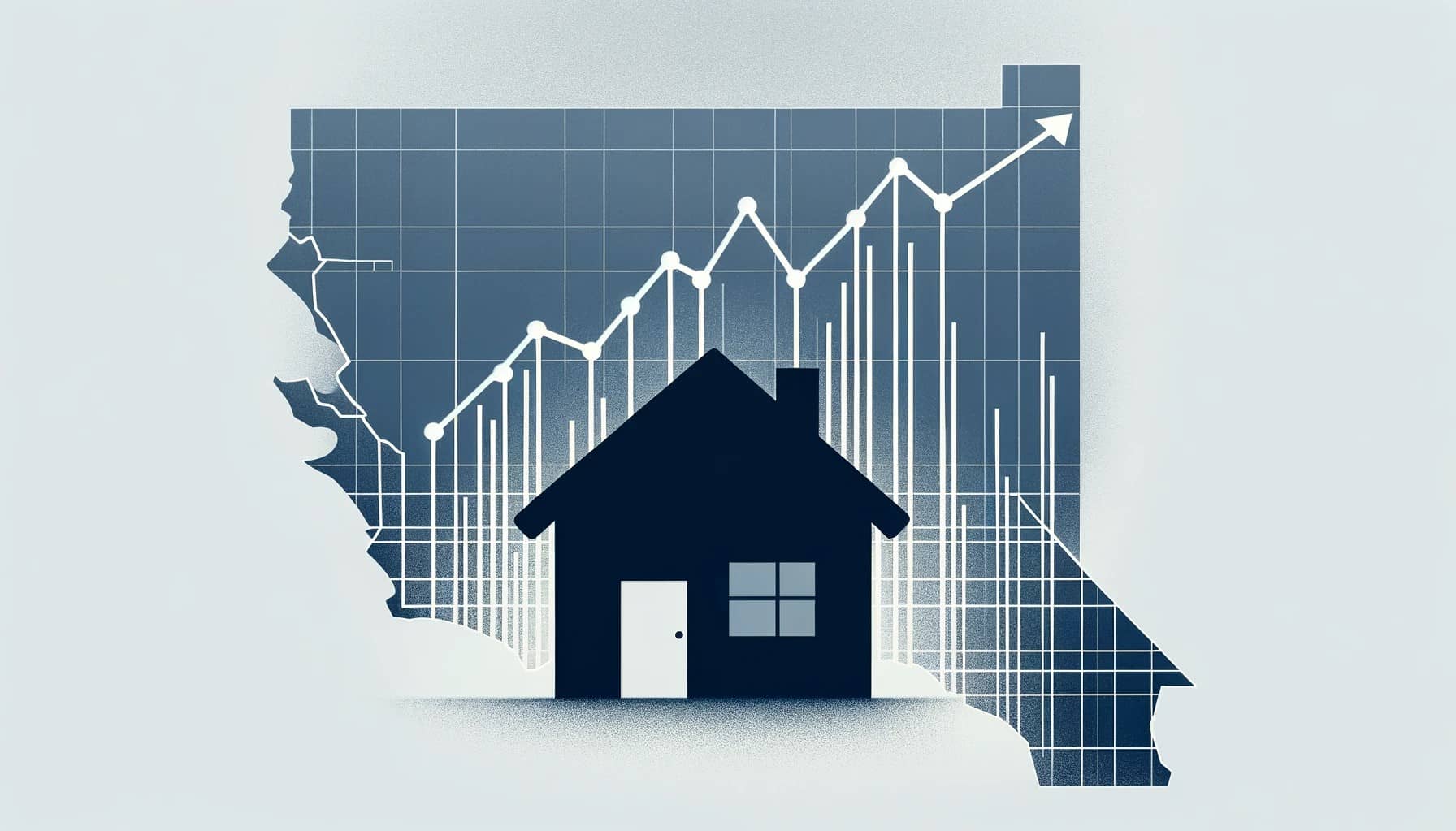 Minimalist real estate graphic with house silhouette, upward trend graph, and Orange County map outline on a uniform soft blue background for Orange County Real Estate Update blog.