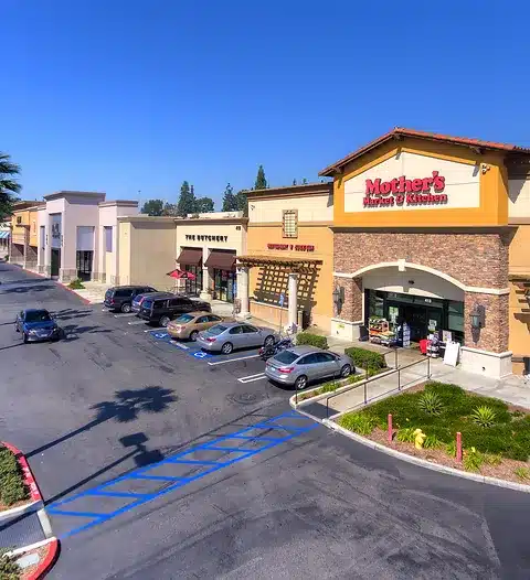 Exterior View of Brea Plaza Shopping Center with Mother’s Market & Kitchen and Other Retail Shops