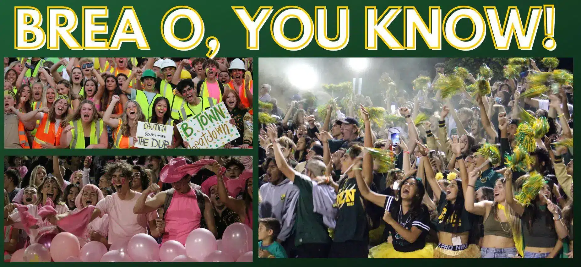 various photos of students cheering on their sports teams at night at brea olinda high school