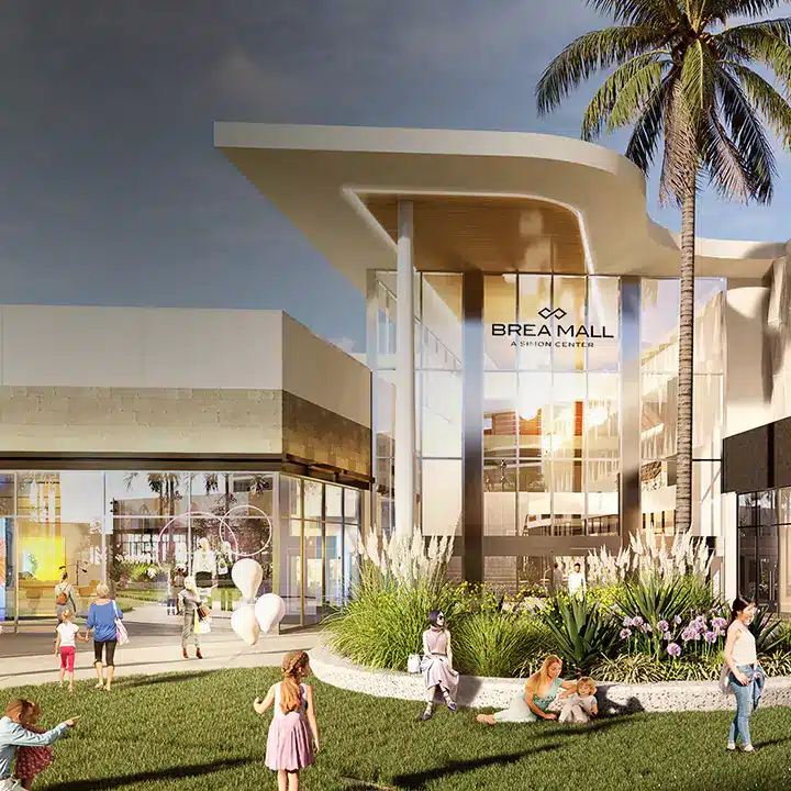 virtual rendering of brea mall modern renovation plans with families and shoppers enjoying the outdoor plaza