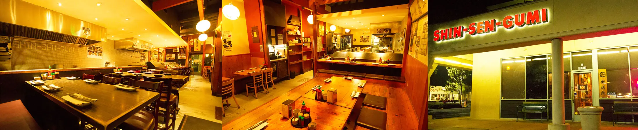 Interior view of empty tables and countertop seating with Shin Sen Gumi written in tile on wall