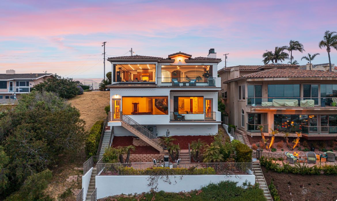 Rear view of a luxury Dana Point home on a hill overlooking the ocean