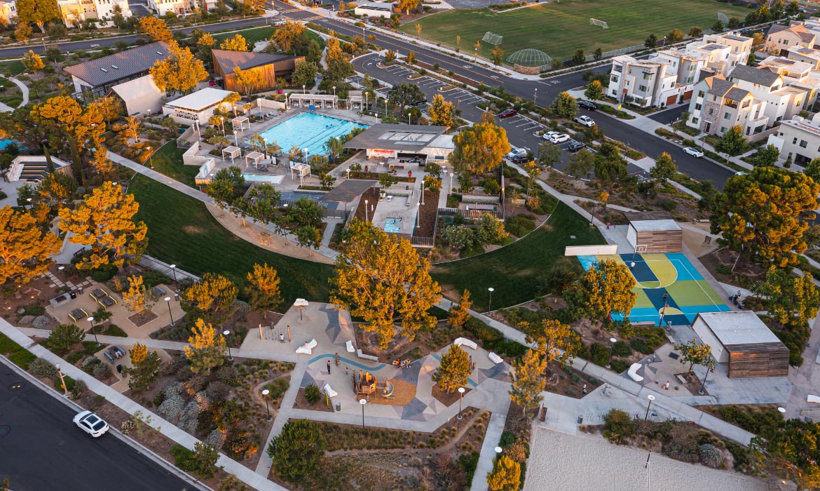 Aerial view of Great Park Neighborhoods amenities, including a pool, basketball court, and clubhouse