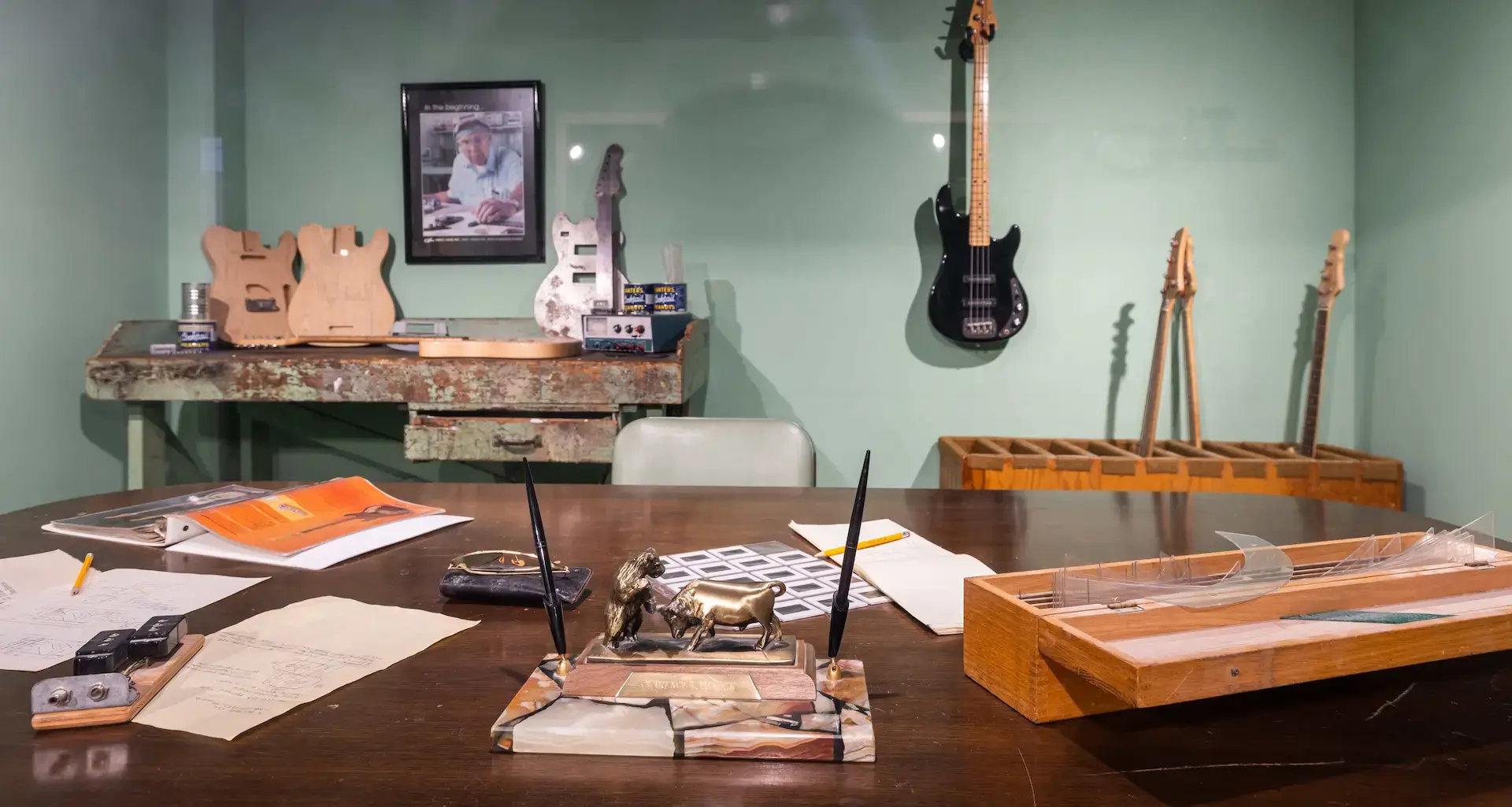 Inside Look at the Leo Fender Gallery at the Fullerton Museum Center showing Fender guitars in various stages of construction