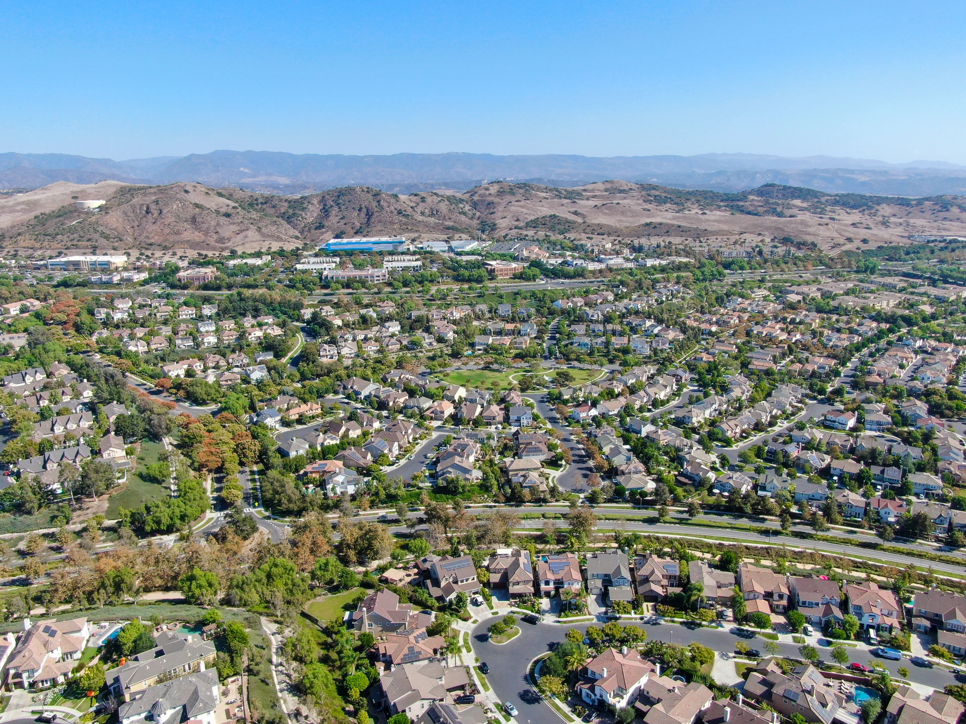 Aerial view of master-planned community and census-designated Ladera Ranch, South Orange County, California. Large-scale residential neighborhood
