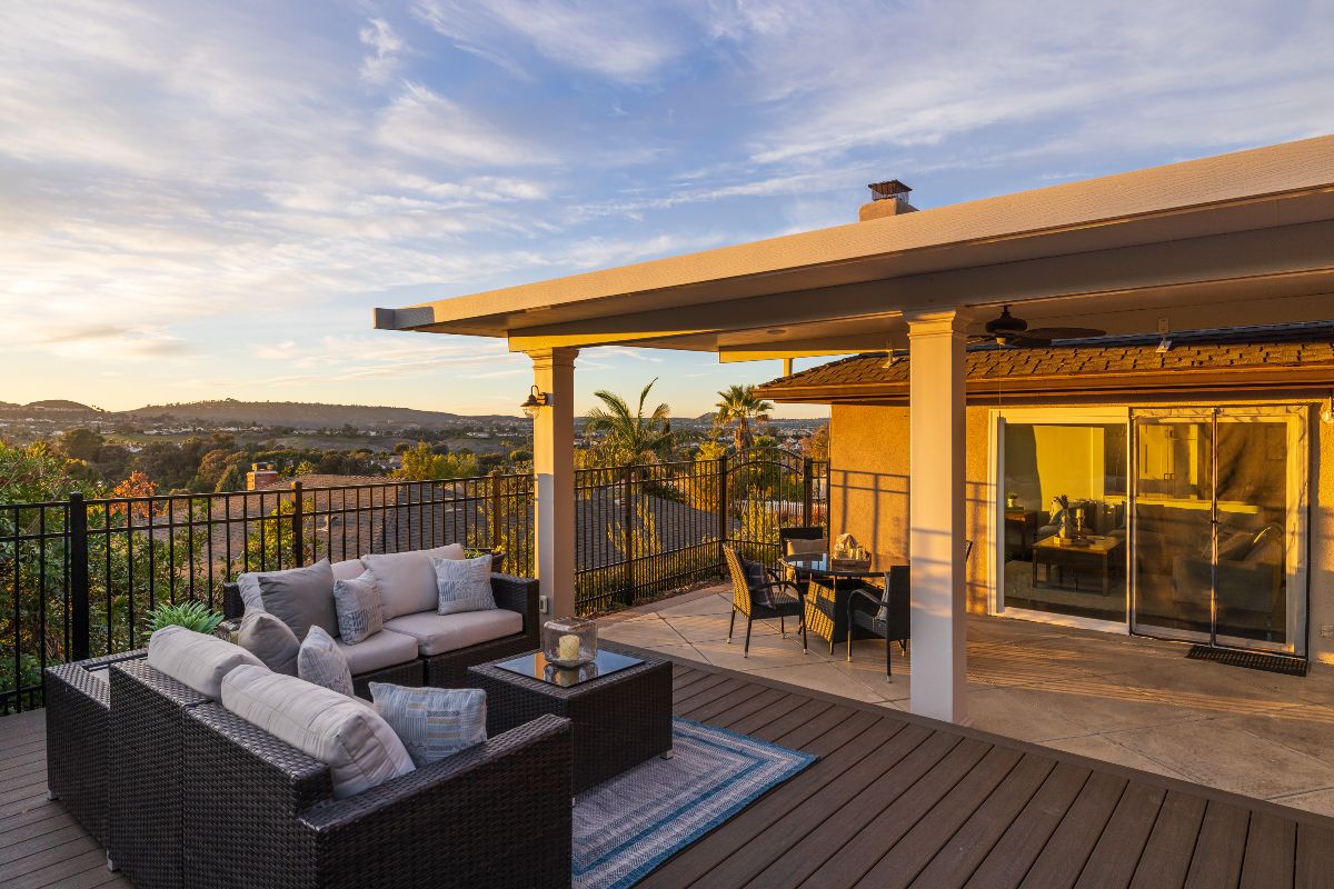 Backyard patio at sunset of a luxury real estate listing sold by the best Laguna Niguel Realtors, Brad Feldman Group